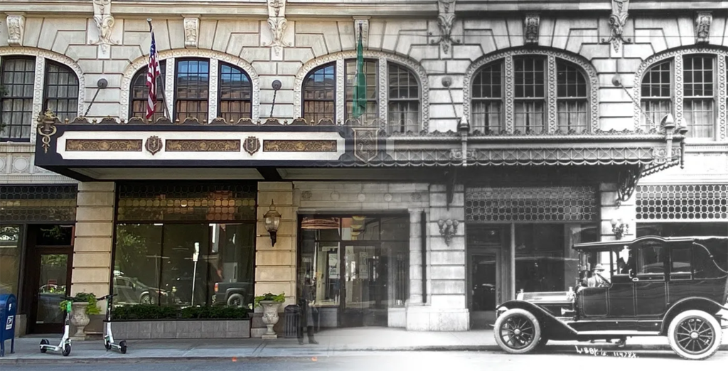 Composite then-and-now image of the Davenport Hotel in downtown Spokane.