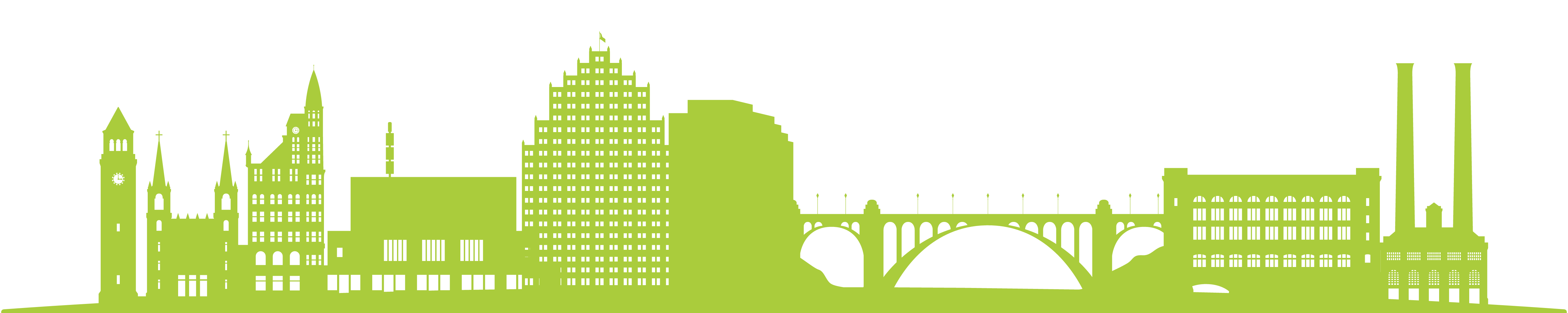 Green skyline illustration of downtown Spokane.